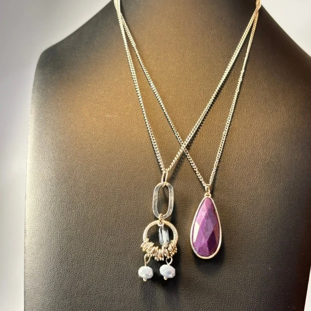 Pendant Necklace Set Purple Silver Boho Whimsygoth Statement